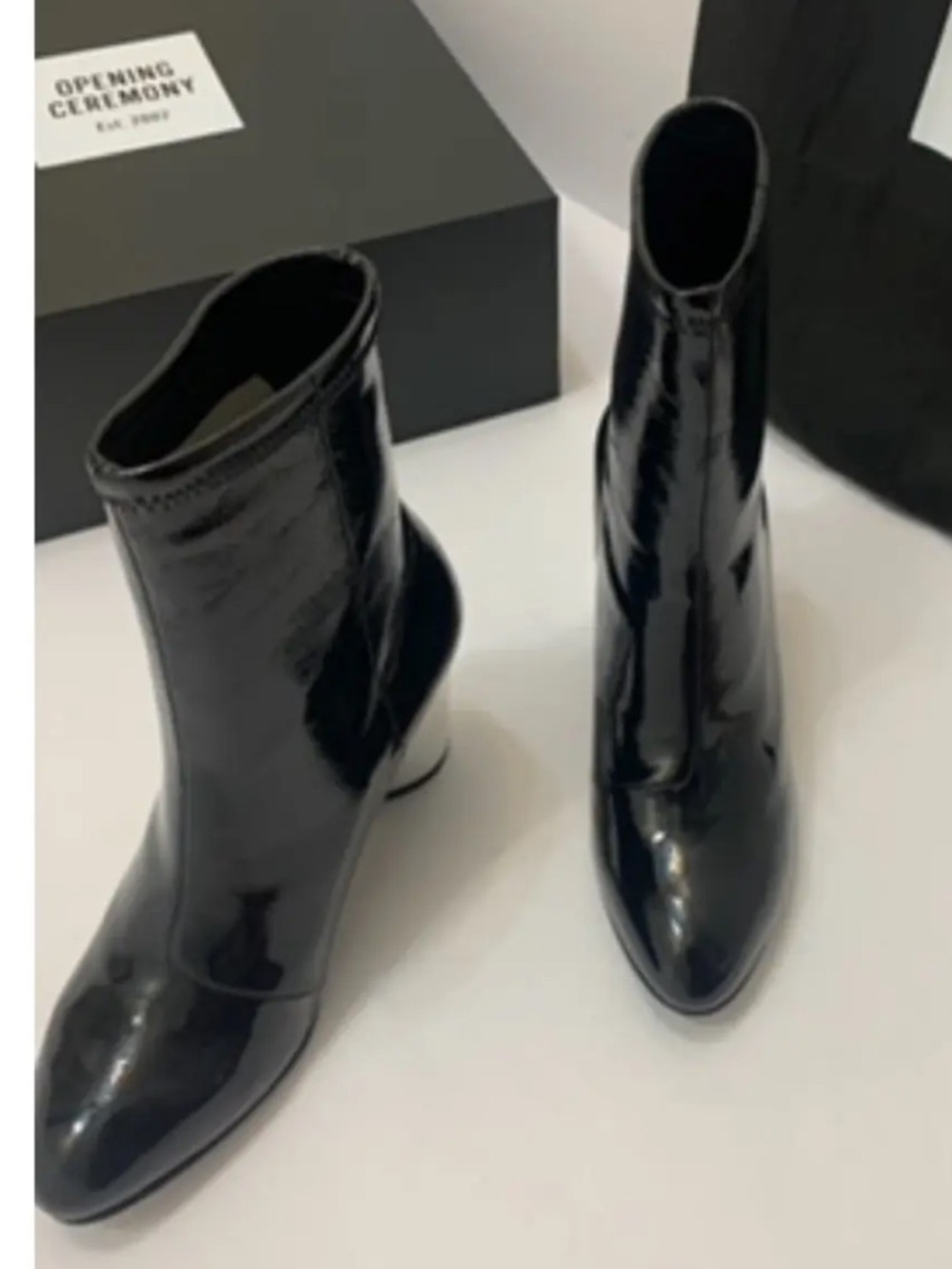 Opening Ceremony Black Patent Ankle Boot with White Block Heel